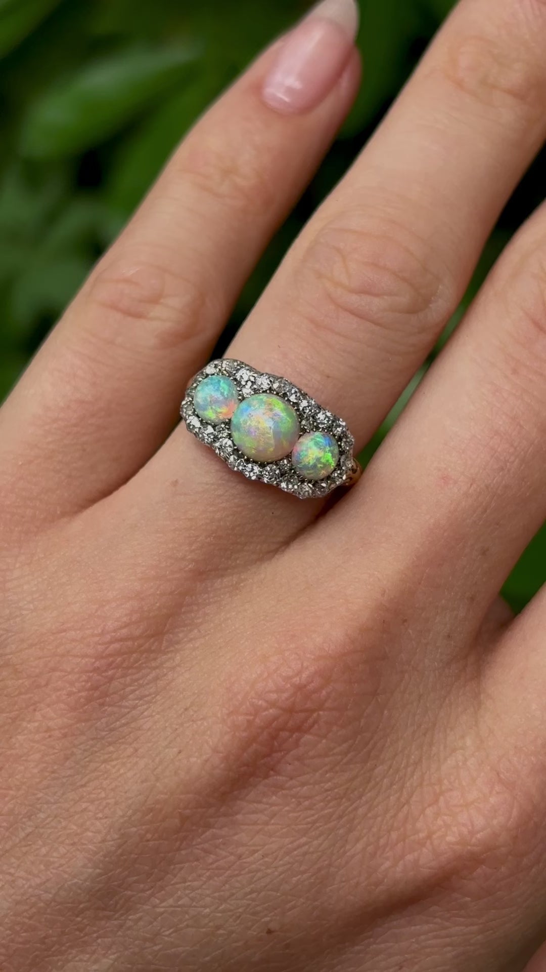 Antique, Victorian three-stone opal & diamond cluster ring worn on hand.