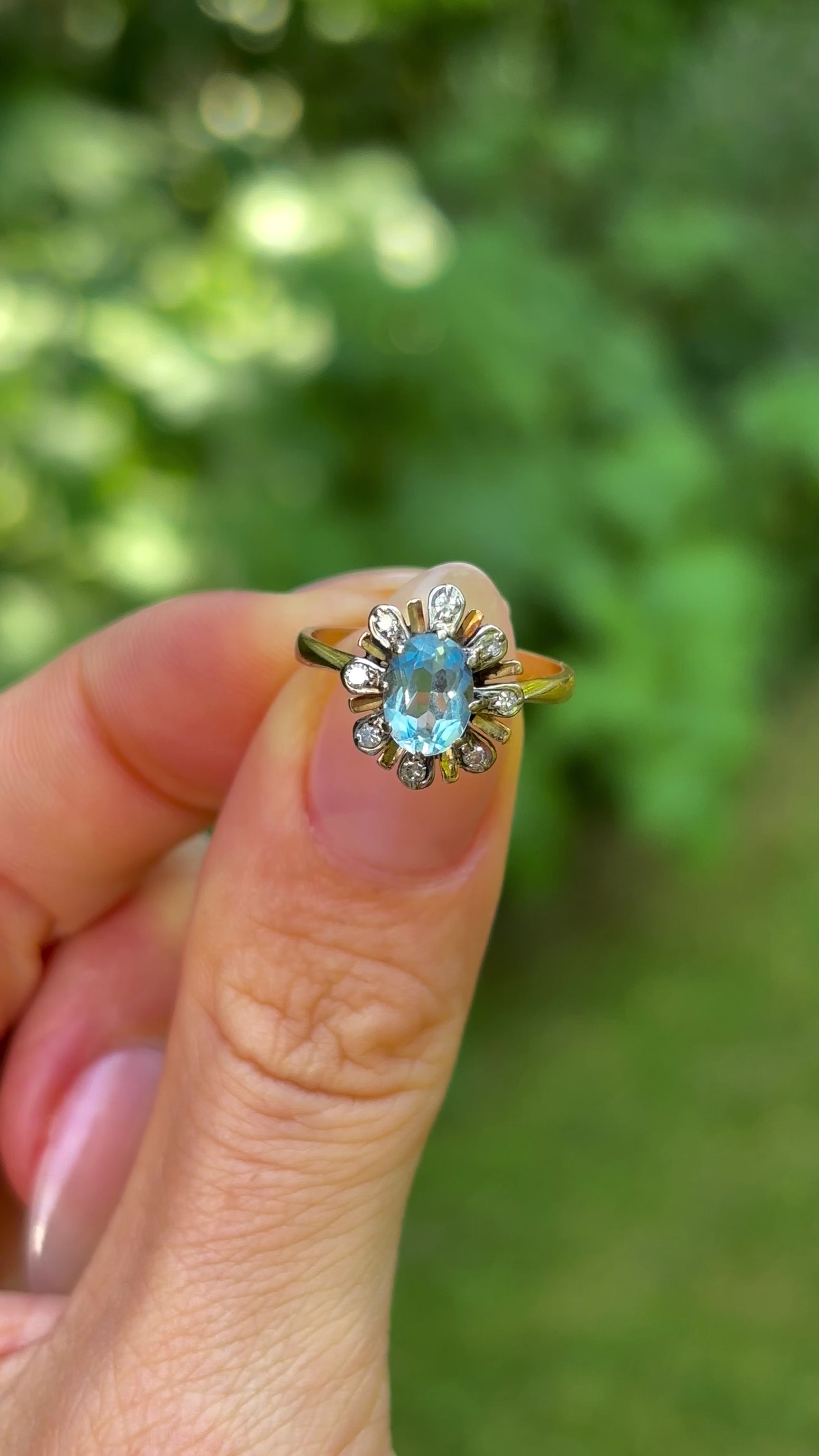 Vintage, 1970s aquamarine & diamond cluster ring, 18ct yellow gold.