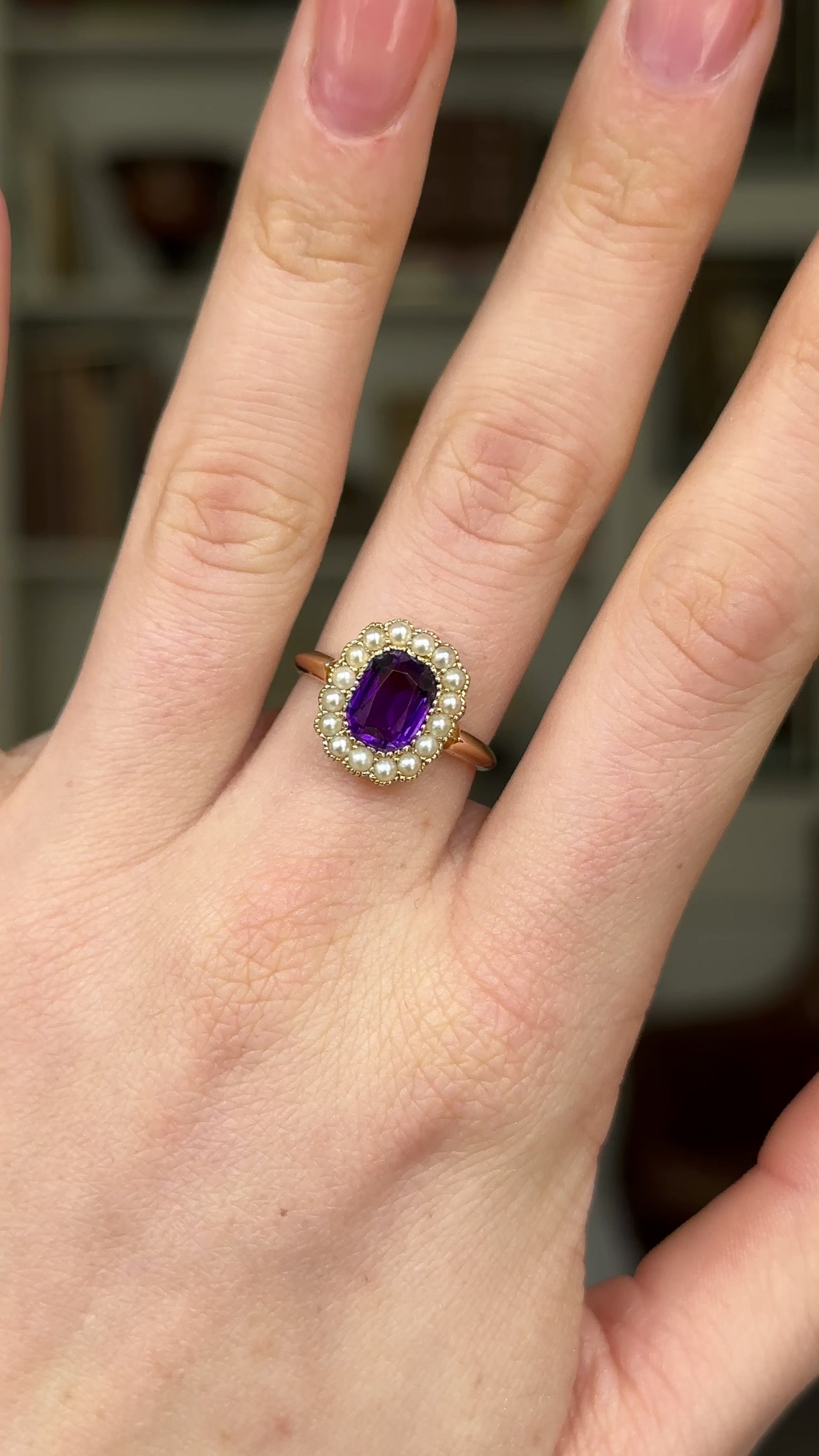 Antique, Edwardian Amethyst and Pearl Cluster Ring, 18ct Yellow Gold worn on hand and rotated to give perspective.