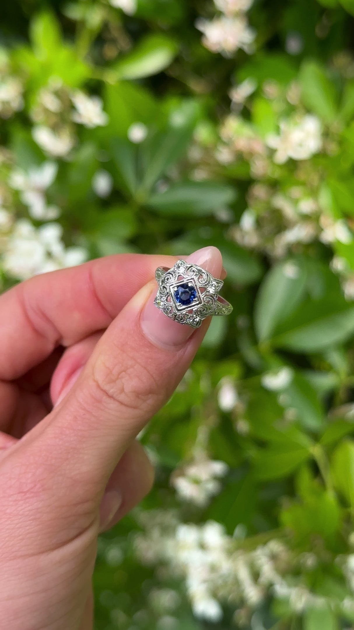 Antique, Edwardian Sapphire and Diamond Ring, Platinum held in fingers.