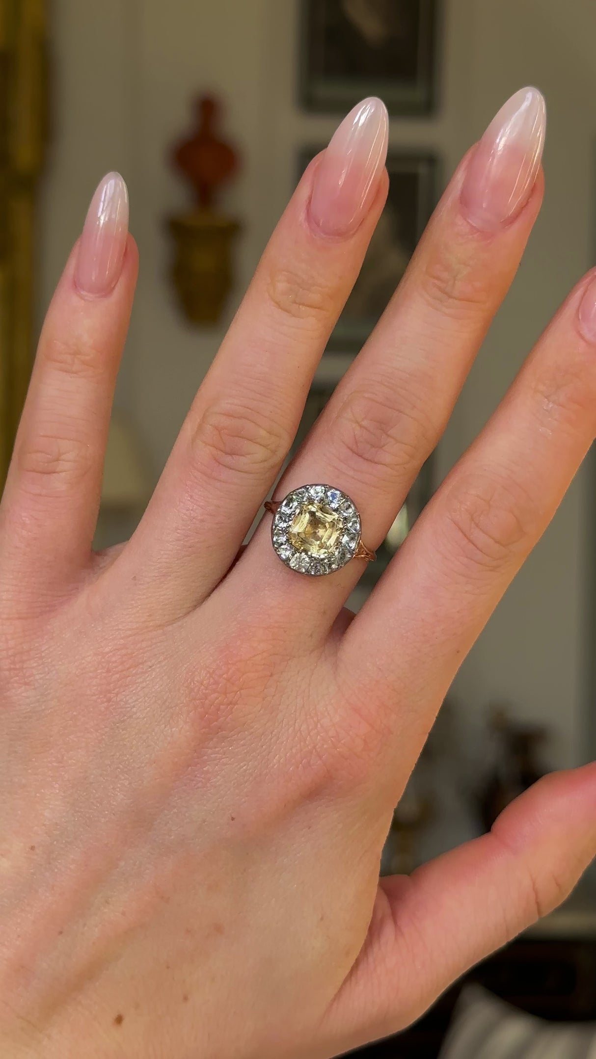 Antique, Georgian Yellow and White Topaz Cluster Ring, 18ct Yellow Gold worn on hand and rotated to give perspective.