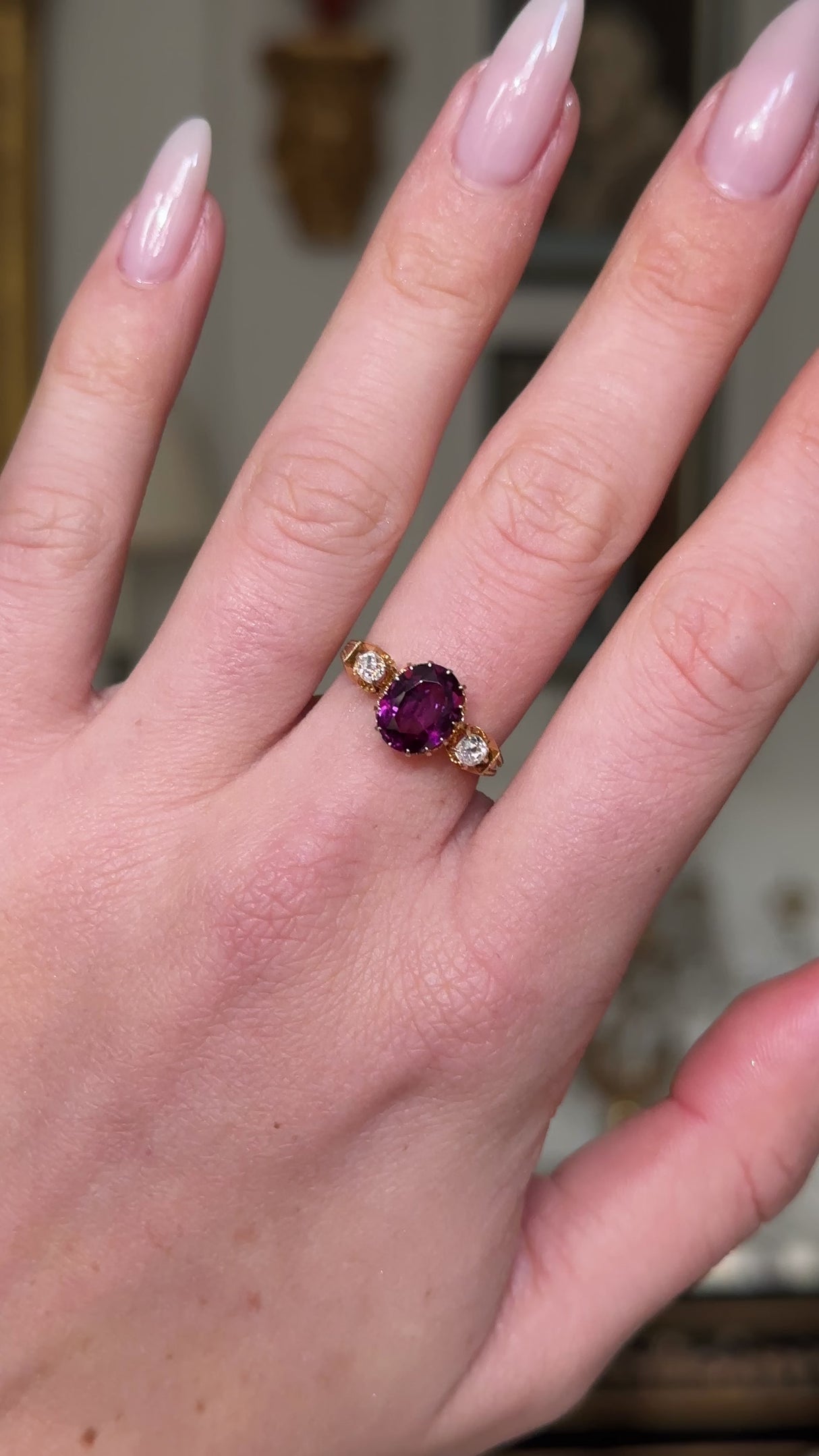 Edwardian, 18ct gold, magenta garnet and diamond ring