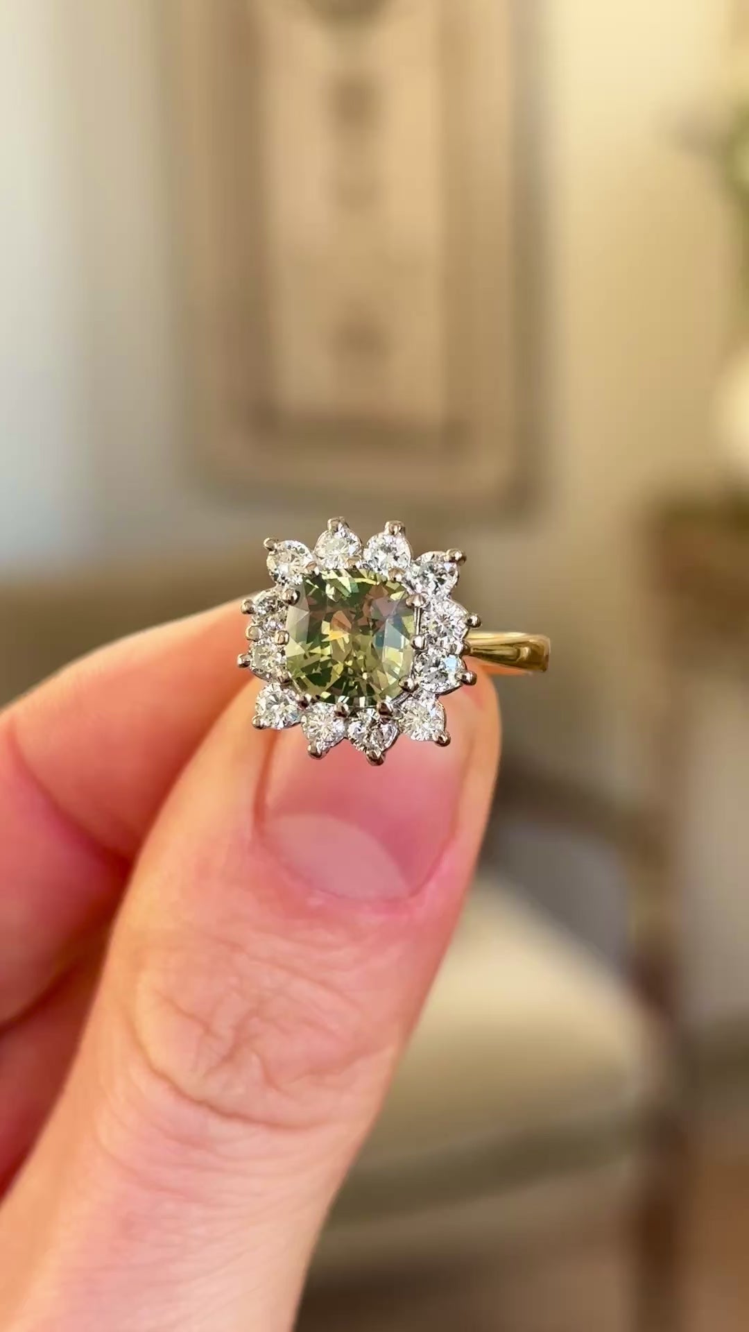 DEPOSIT | Vintage, 1970s green sapphire & diamond cluster ring