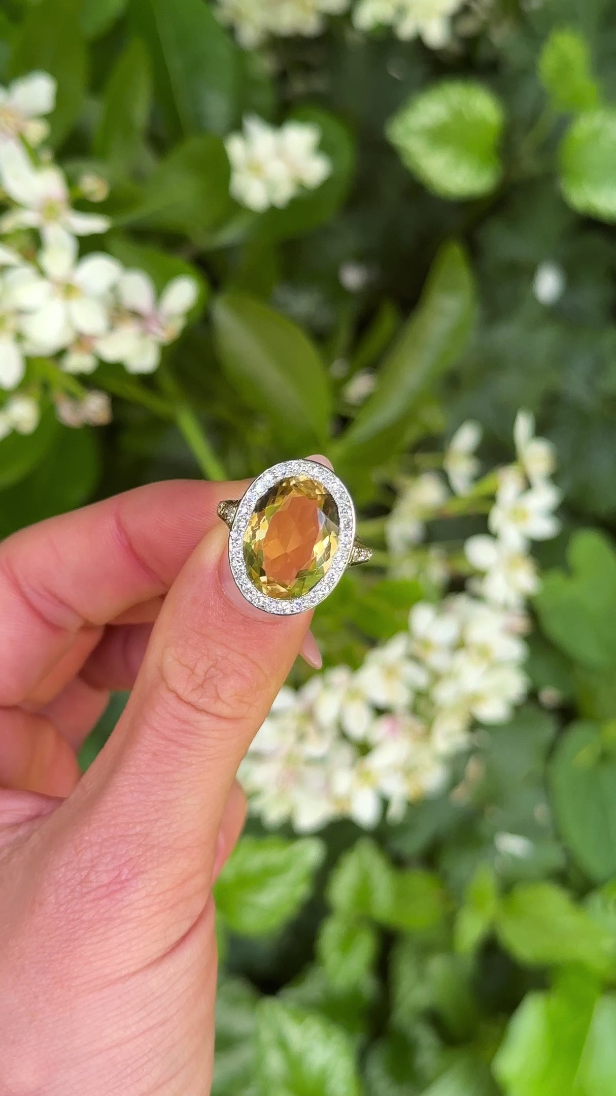 Vintage, Citrine and Diamond Cluster Ring, 18ct Yellow Gold and Platinum held in fingers.