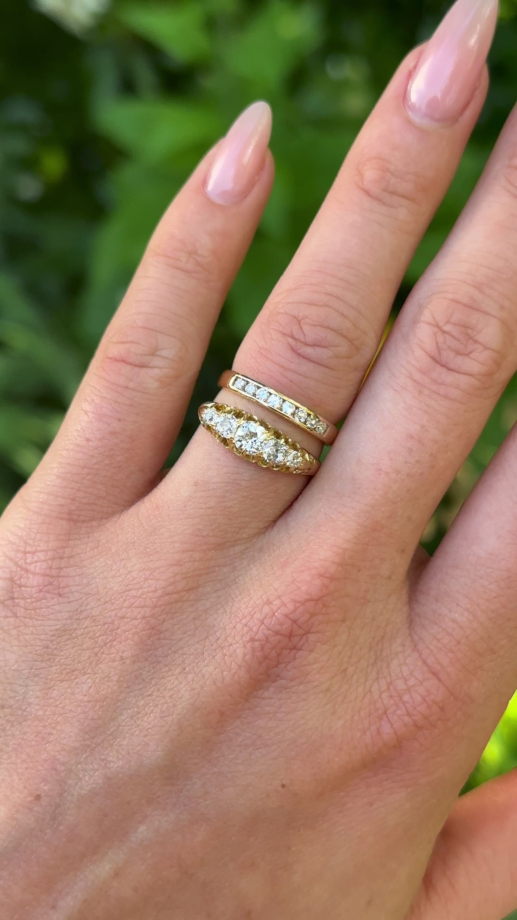 Antique, Edwardian Five-Stone Diamond Ring, 18ct Yellow Gold worn on hand.