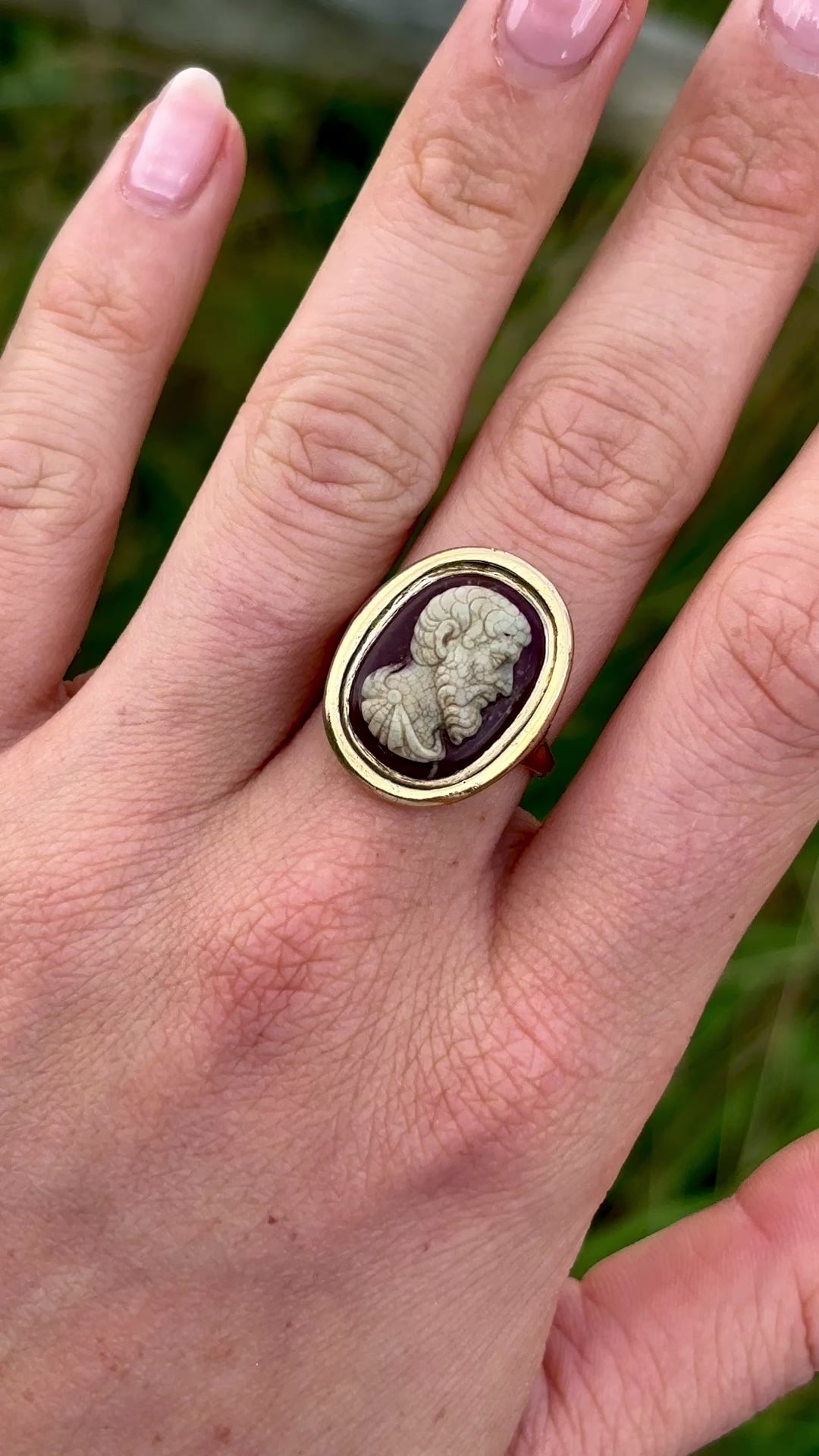 Antique, 18ct century Poseidon agate cameo ring, shank 12ct rose gold worn on hand