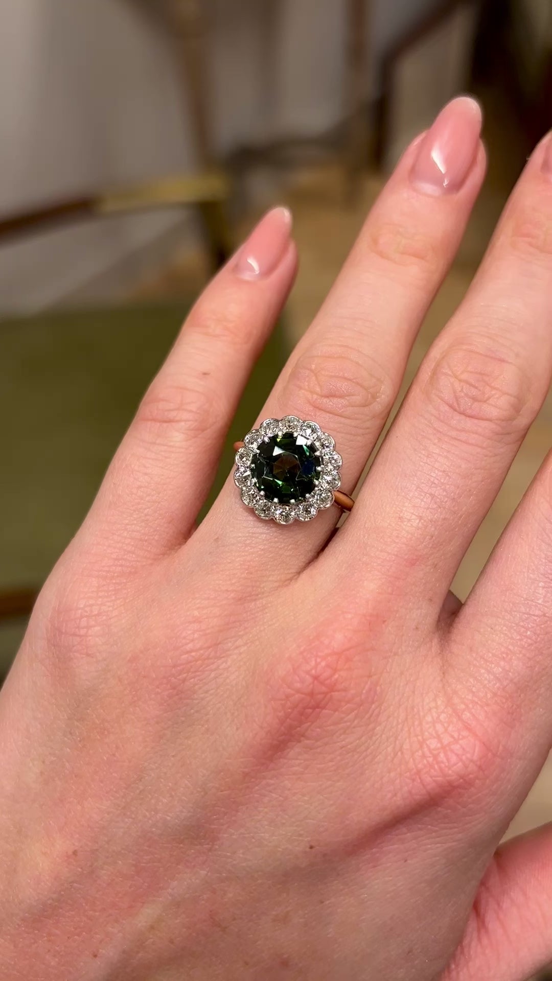 Antique, Edwardian green sapphire & diamond cluster ring