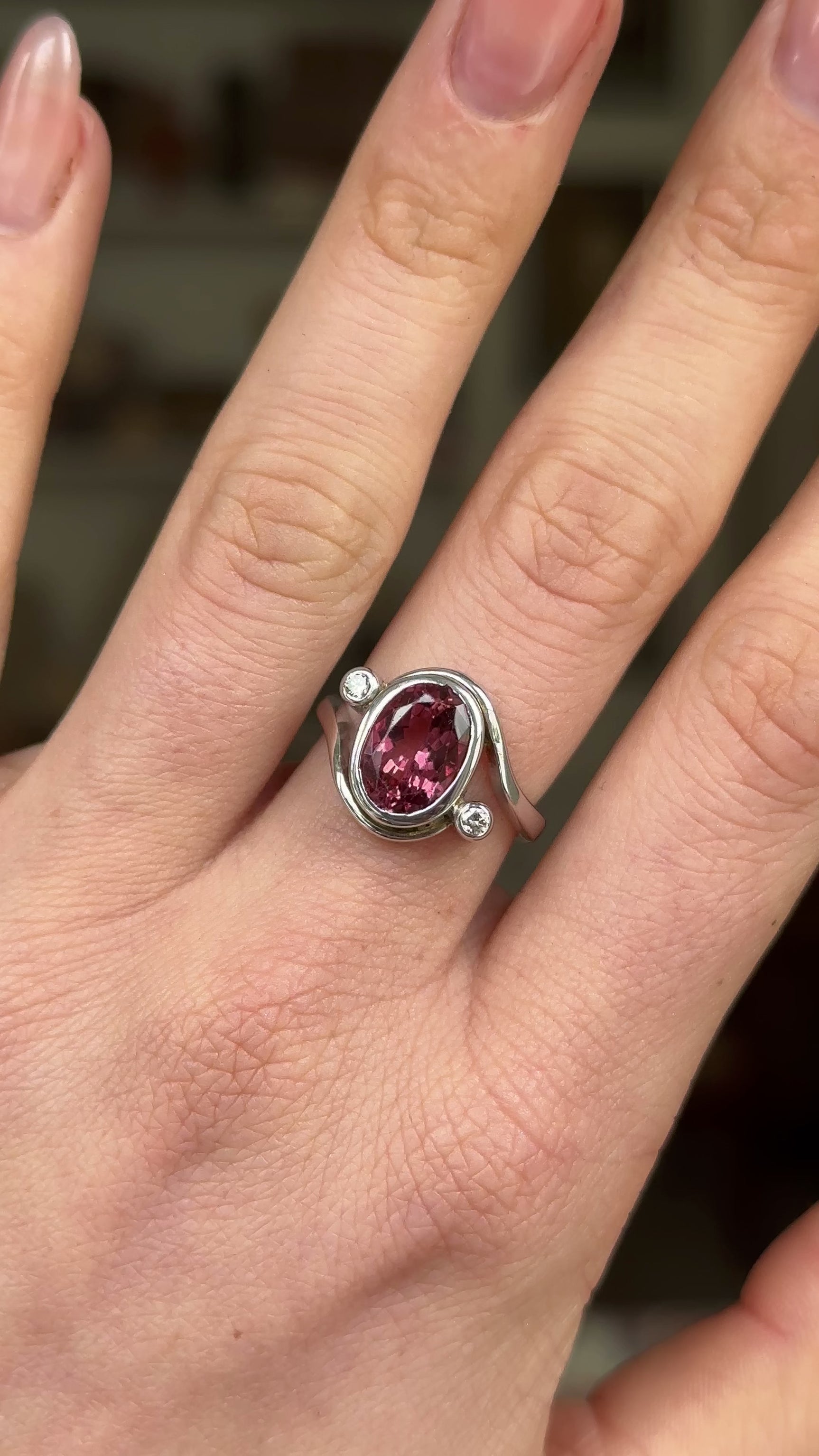 Vintage, Pink Tourmaline and Diamond Ring, 18ct White Gold worn on hand and rotated to give perspective.