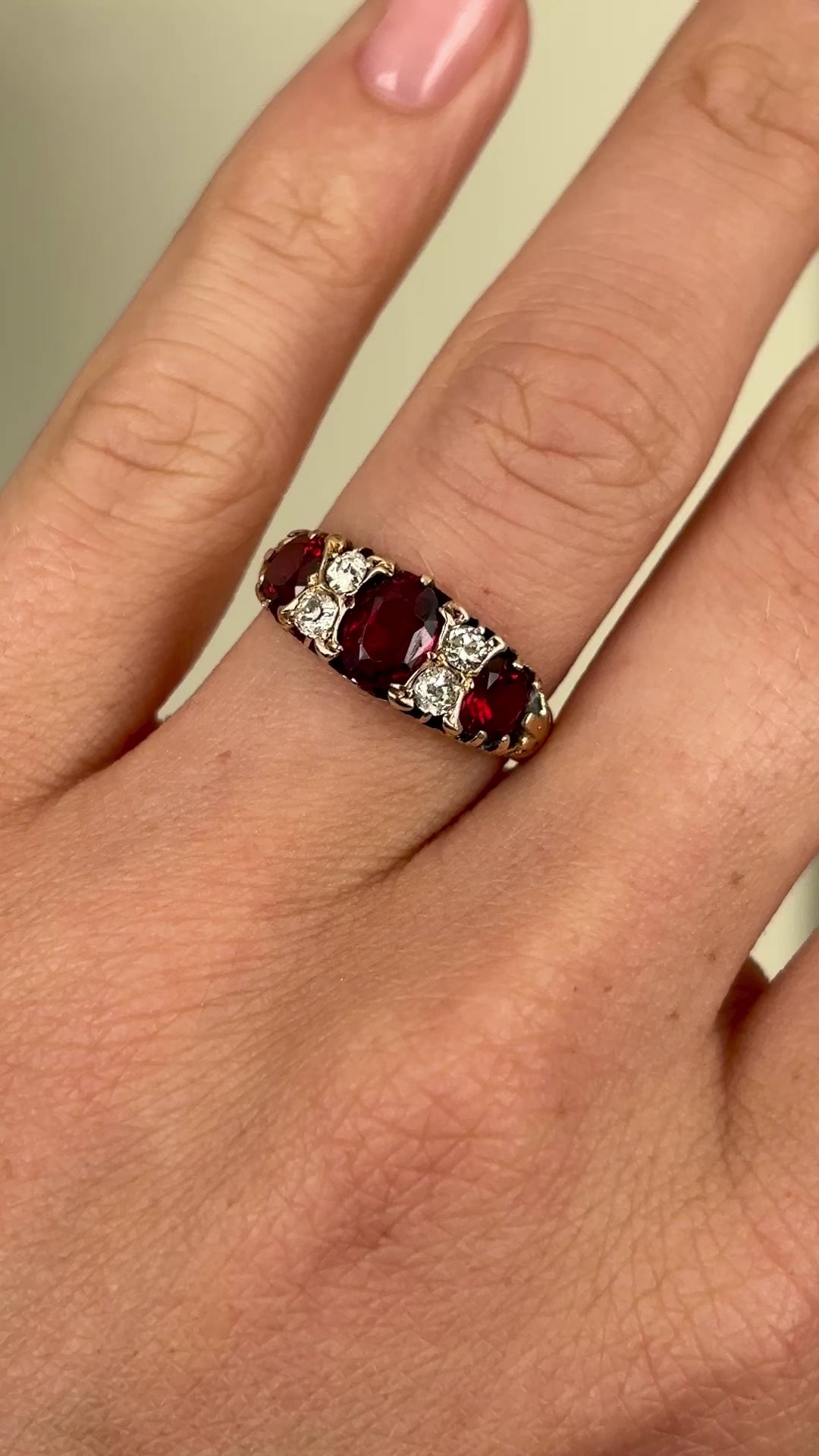 1952-Antique, Victorian garnet & diamond three-stone ring- worn on hand.