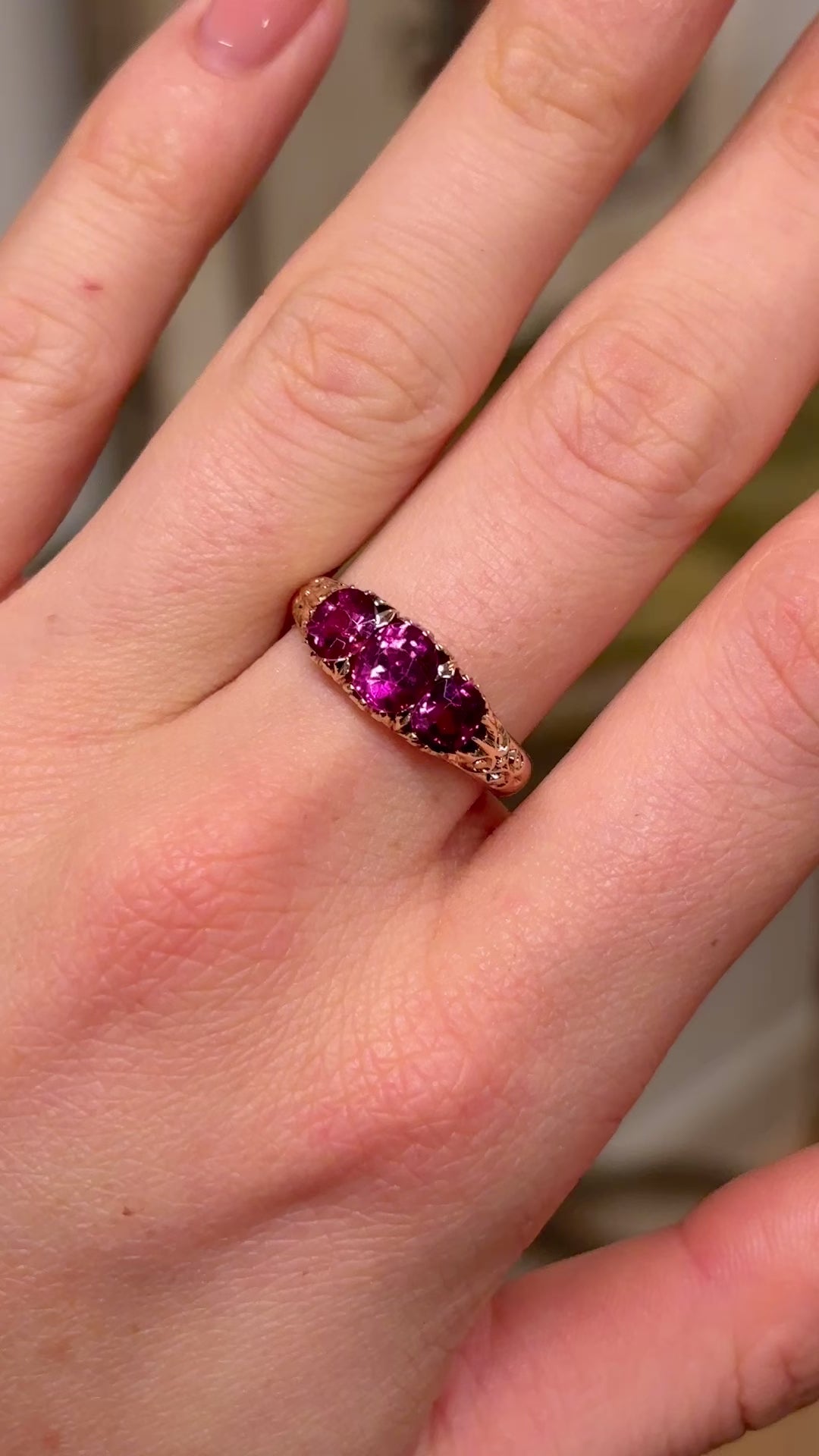 Antique, Edwardian three-stone pink garnet ring