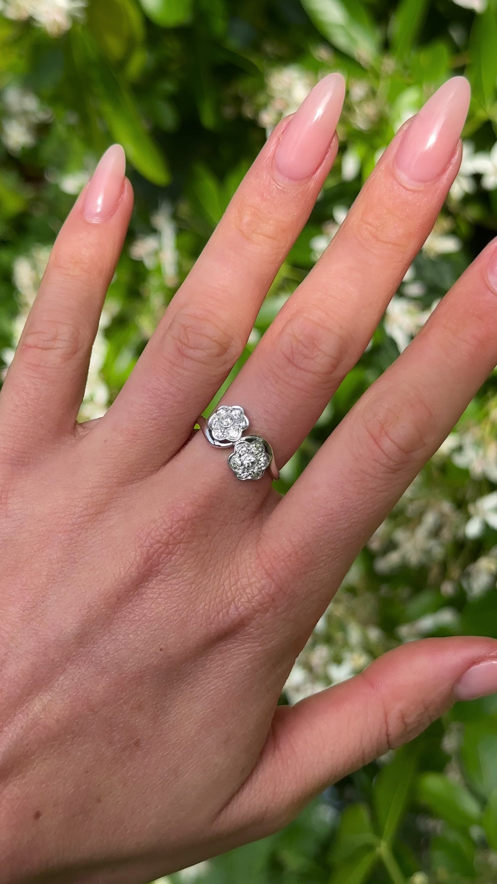 Vintage, 1940s Diamond Cluster Engagement Ring, 18ct White Gold and Platinum worn on hand.