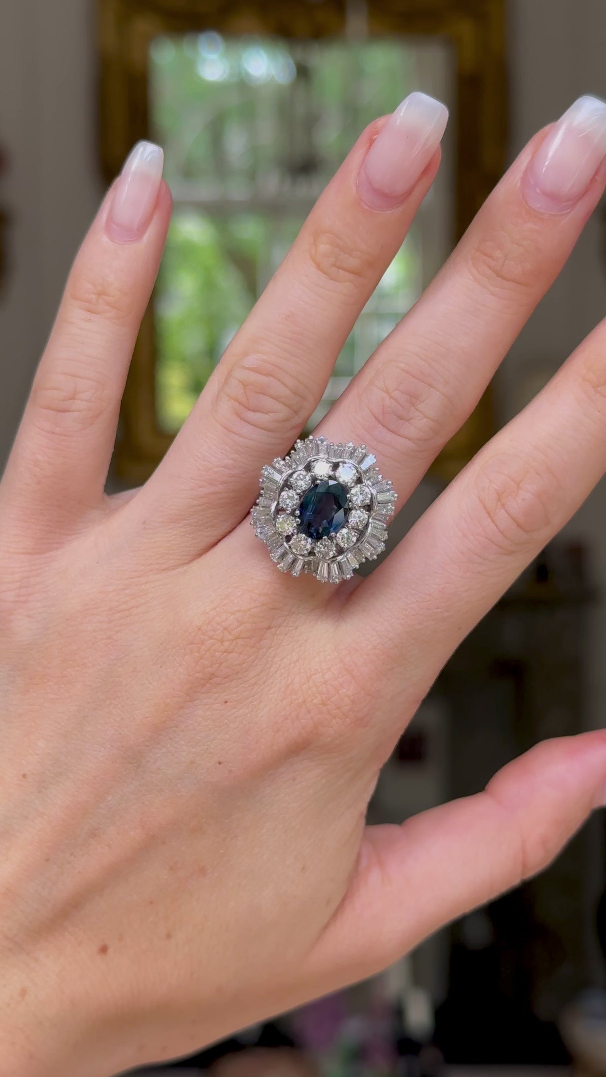 Vintage, 1950s oval blue sapphire and diamond ballerina cluster ring, 18ct white gold