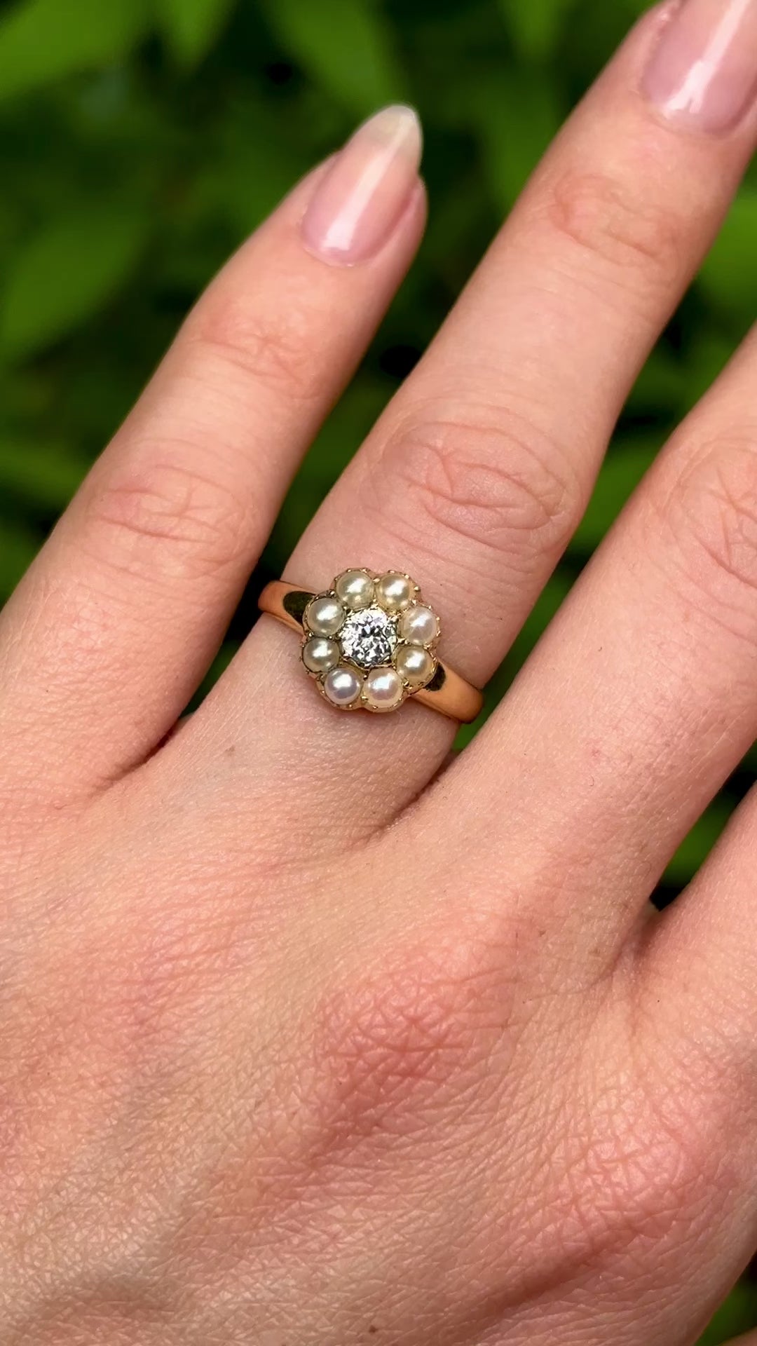 Antique, Edwardian diamond and pearl cluster ring, 18ct yellow gold