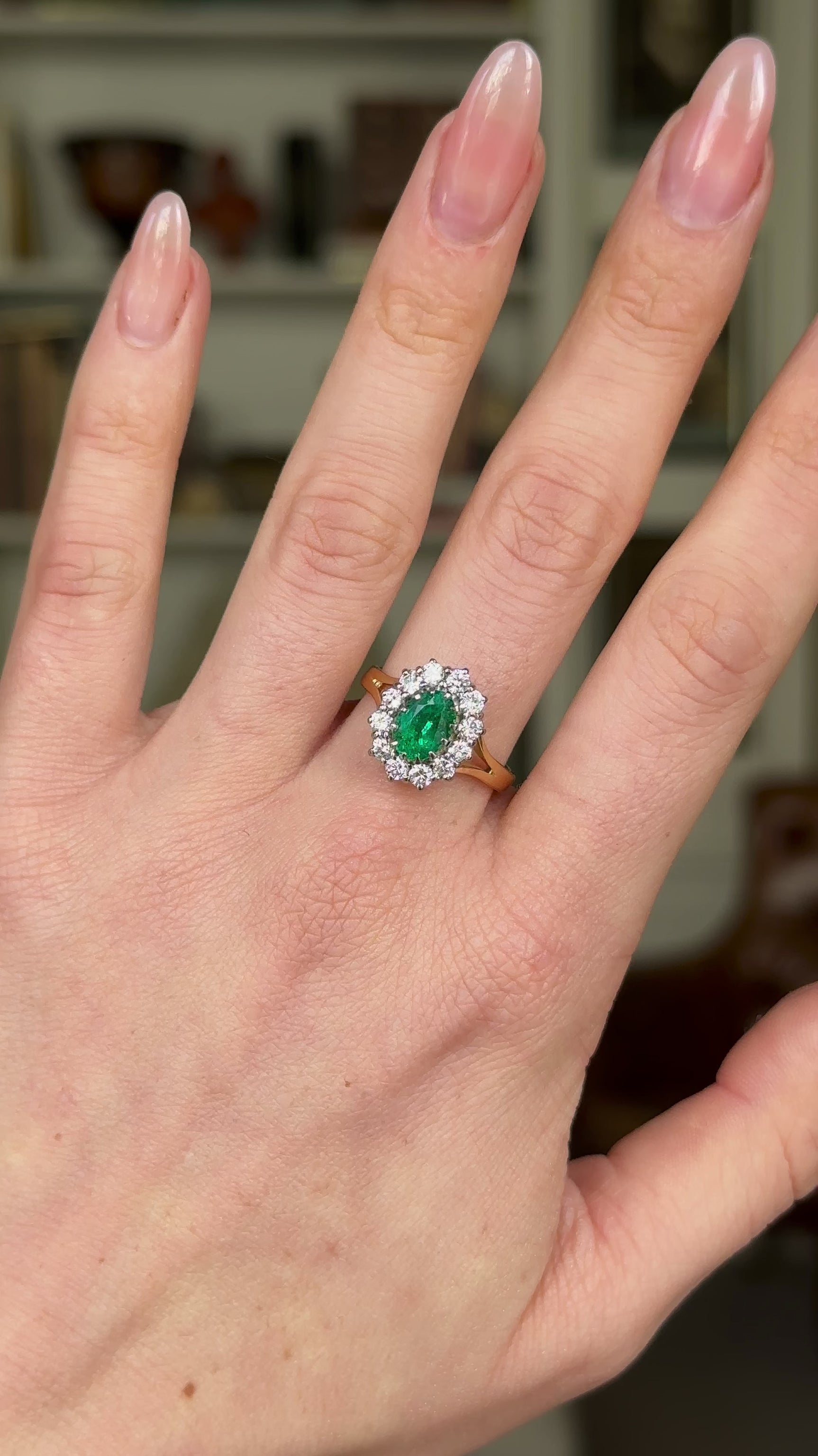 Vintage, Emerald and Diamond Cluster Ring, 18ct Yellow Gold & Platinum worn on hand and rotated to give perspective.