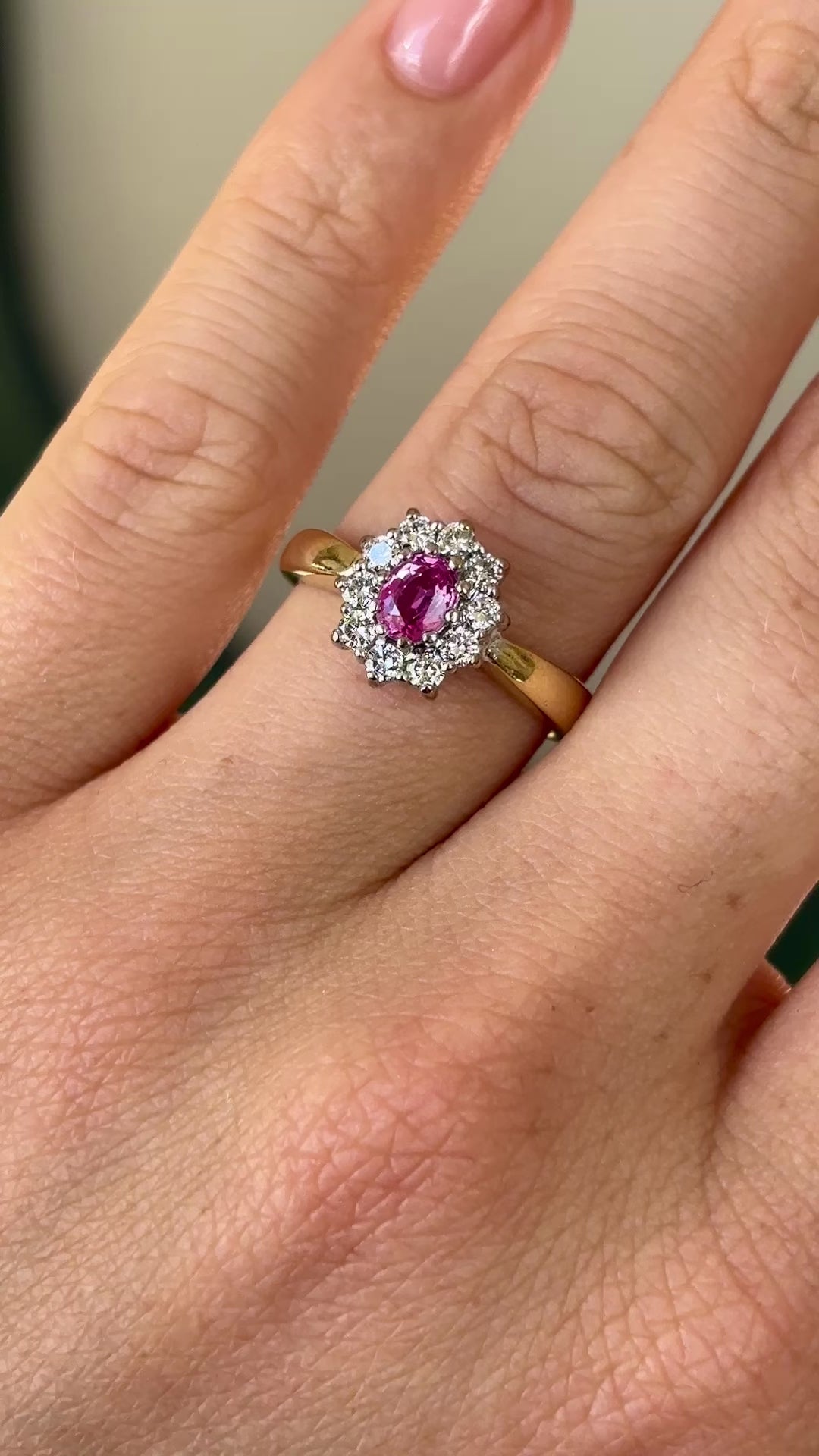 Vintage, 1960s pink sapphire & diamond cluster ring, 18ct yellow gold worn on hand. 