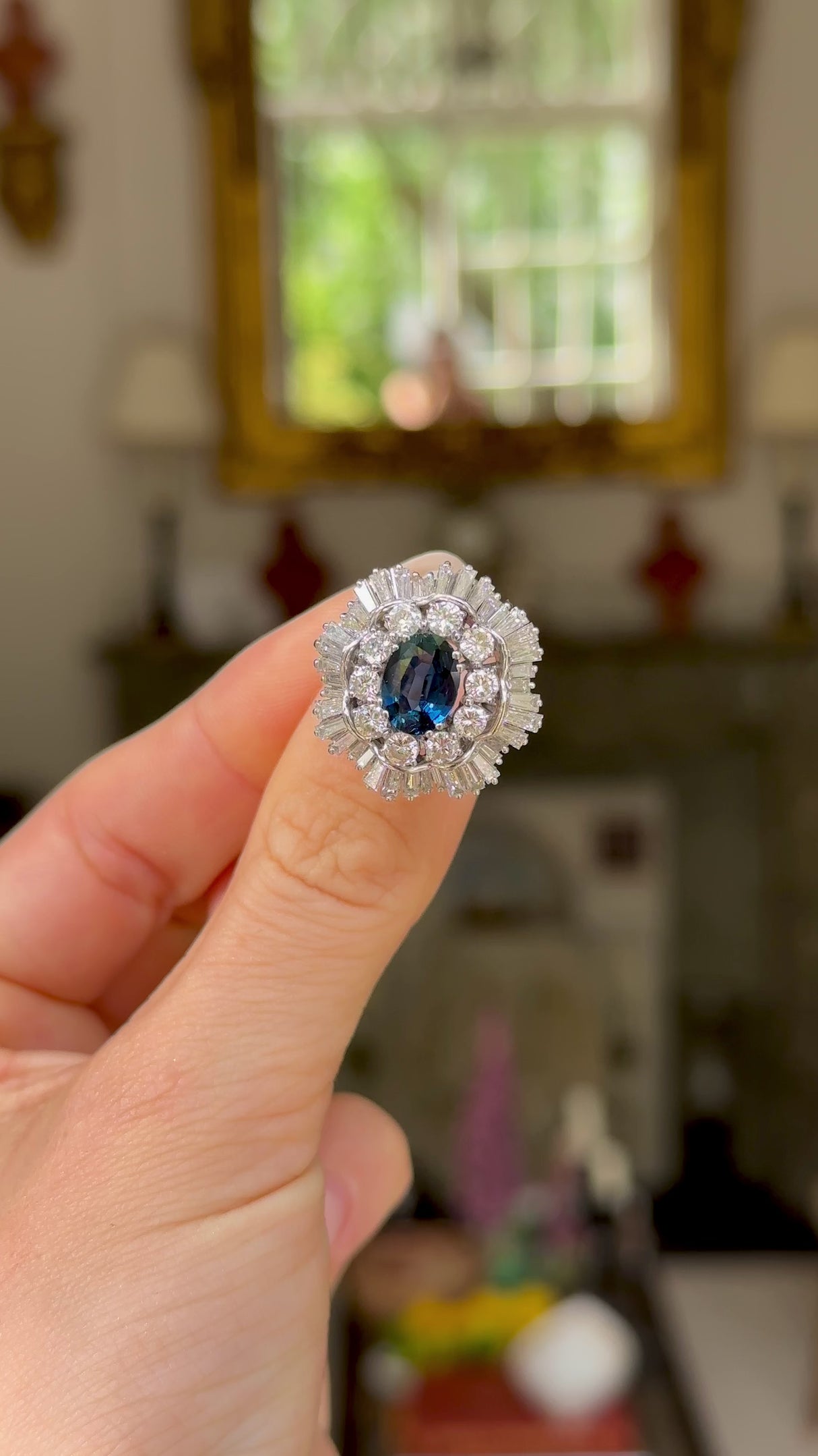 Vintage, 1950s oval blue sapphire and diamond ballerina cluster ring, 18ct white gold