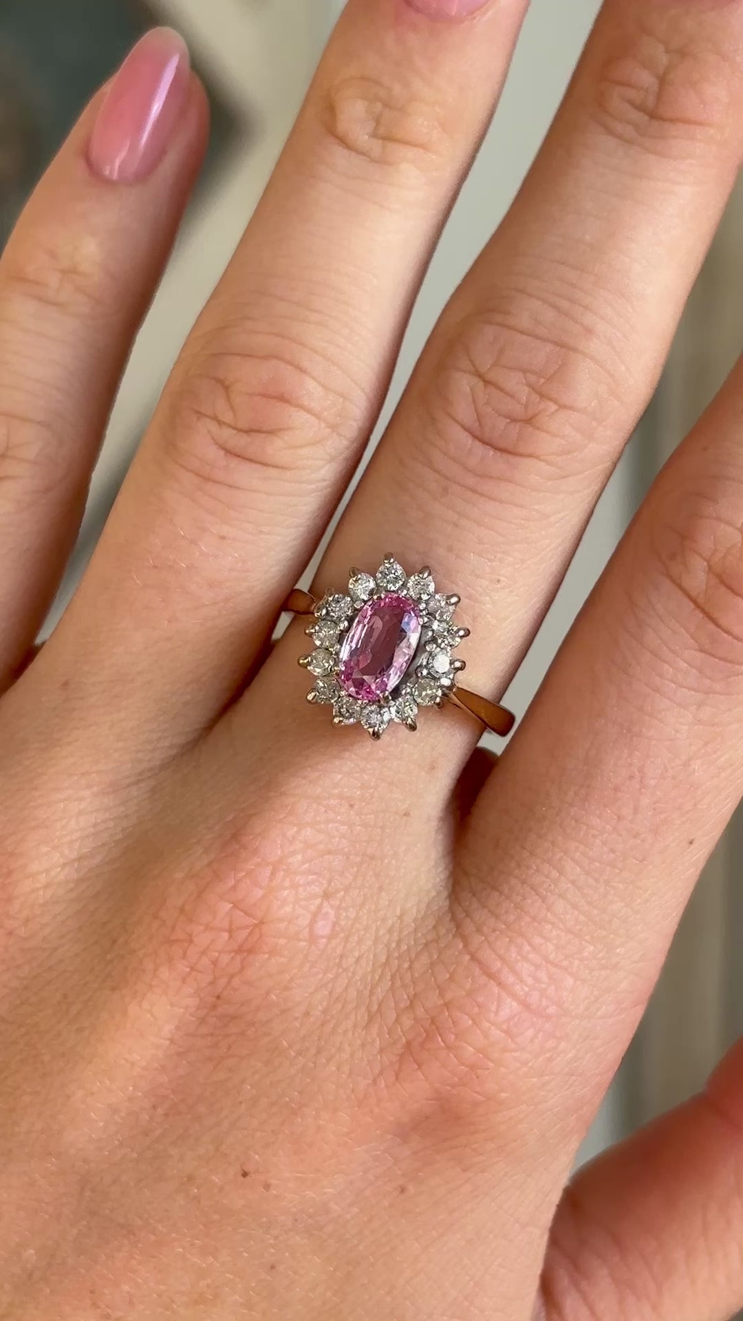 Vintage, 1970s pink sapphire & diamond cluster ring, 18ct yellow gold & platinum