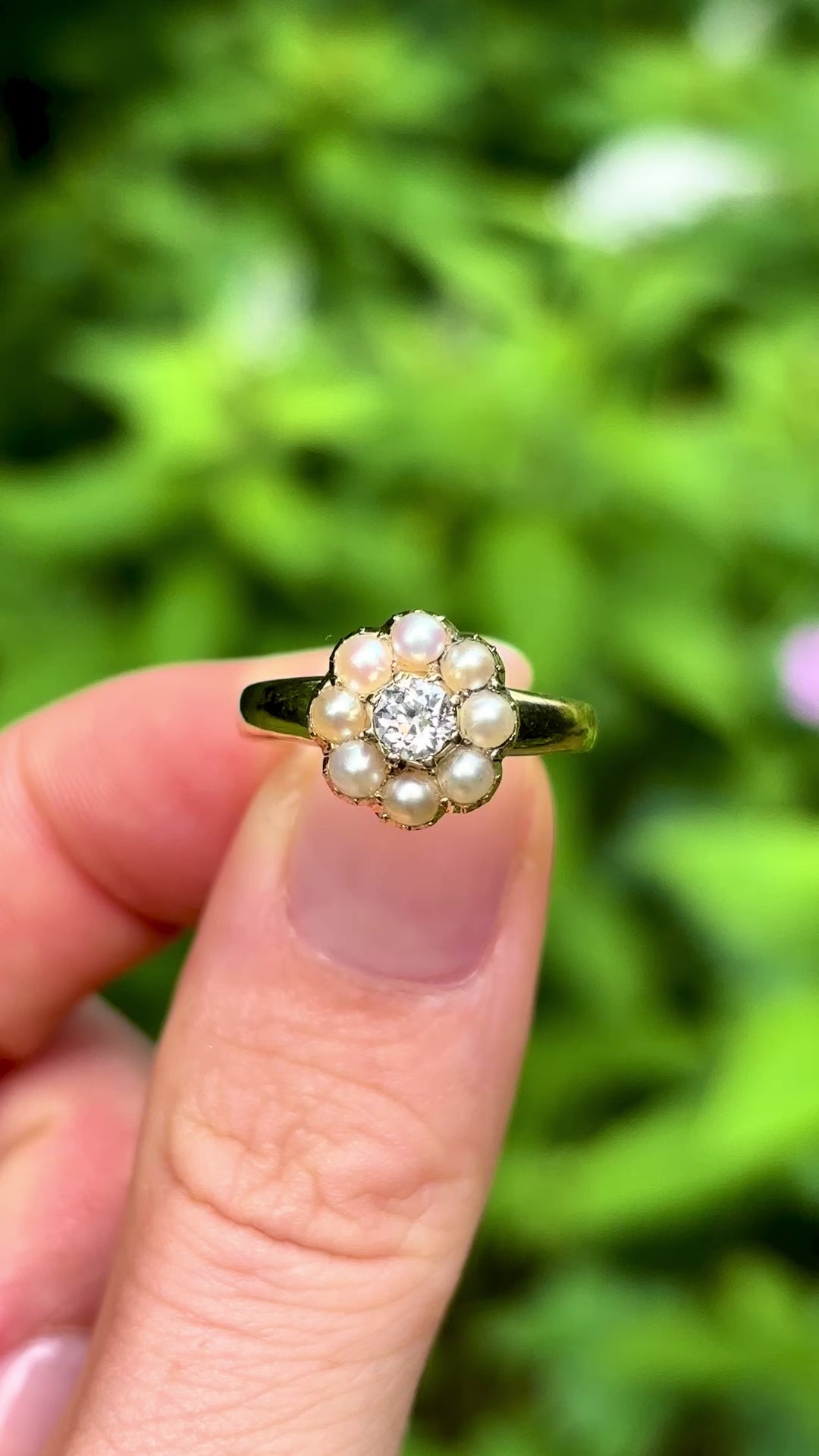 Antique, Edwardian diamond and pearl cluster ring, 18ct yellow gold