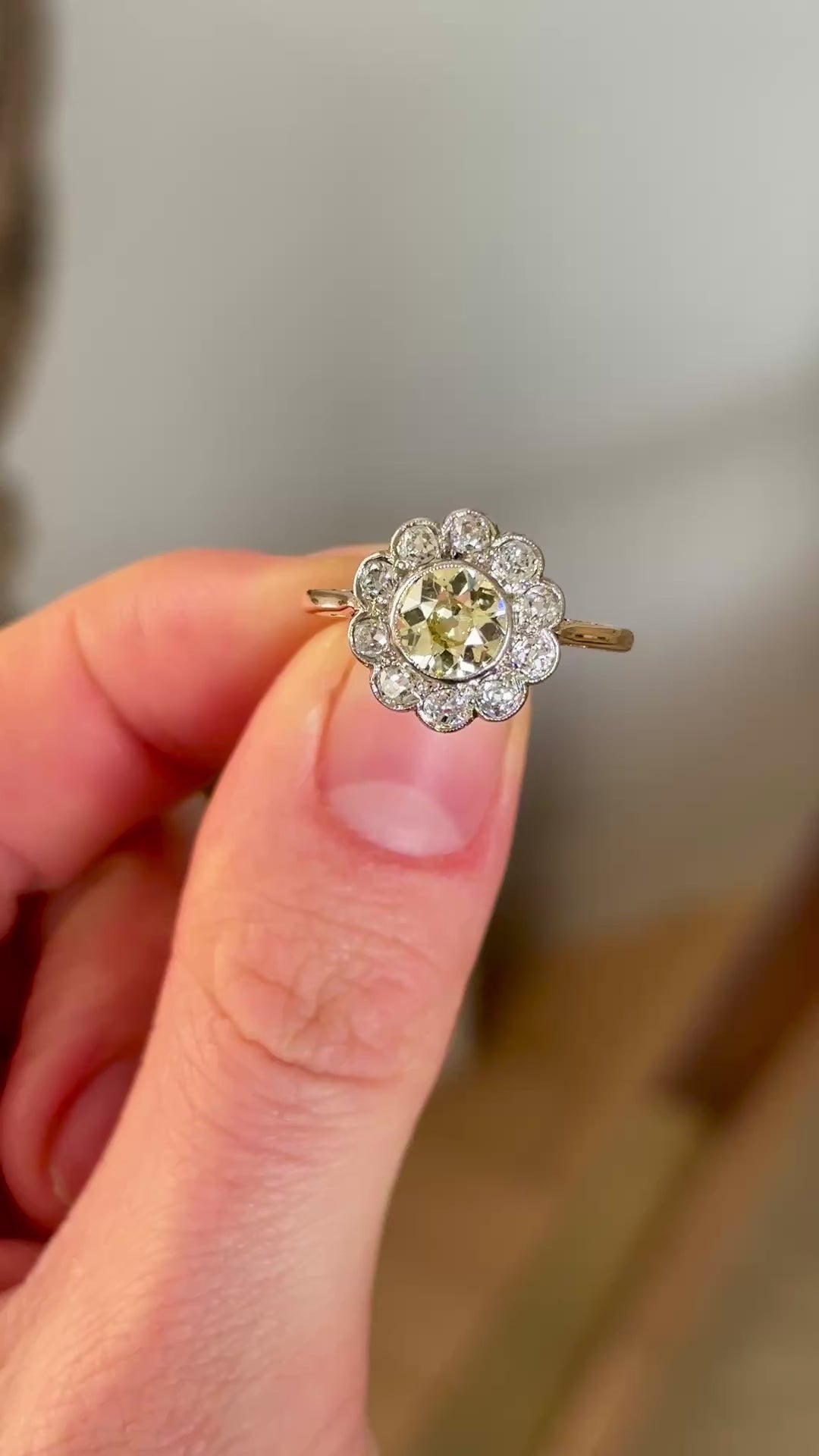 Antique, Edwardian tinted yellow diamond daisy cluster ring