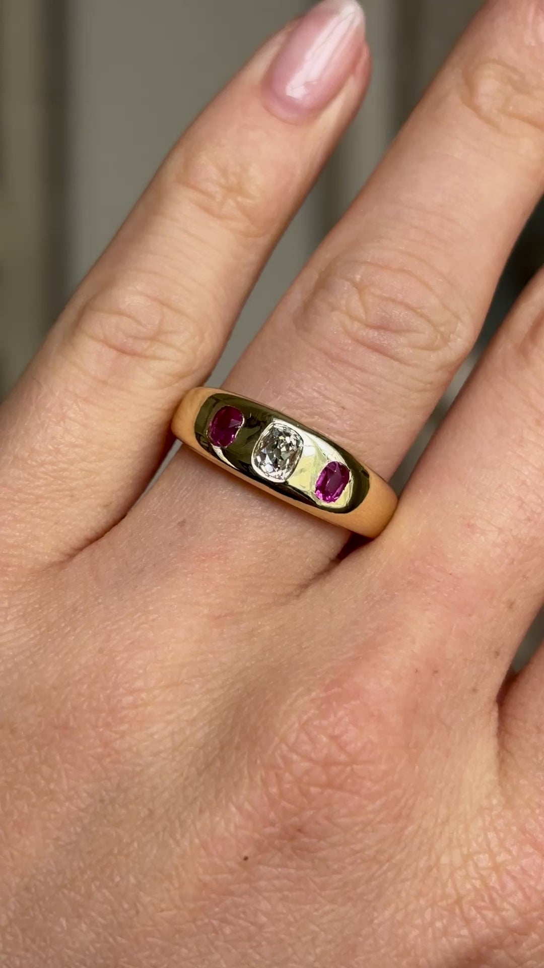 Antique, Victorian three-stone diamond and ruby gypsy ring