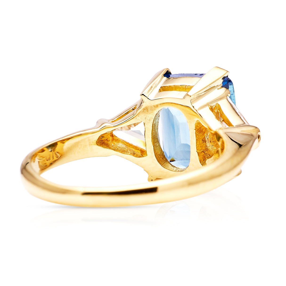 Vintage, blue sapphire and trilliant-cut diamond three stone ring
