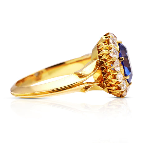 Victorian, sapphire and diamond cluster engagement ring, side view.