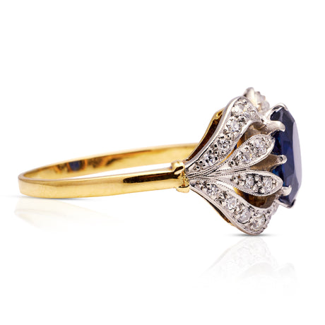 Art Nouveau, sapphire and diamond ring, side view.