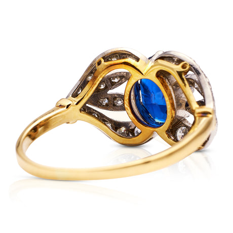 Art Nouveau, sapphire and diamond ring, rear view.