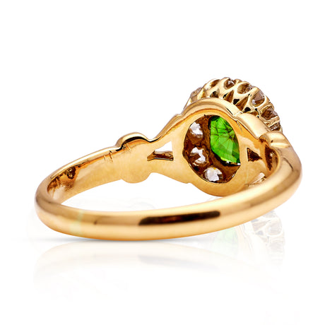 Edwardian, demantoid garnet and diamond cluster ring, rear view. 