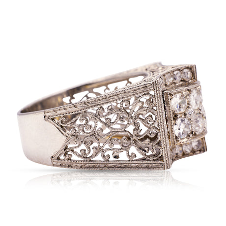 Art Deco diamond filligree band, side view.