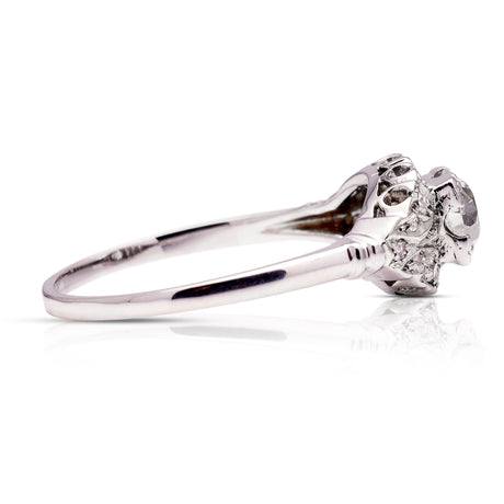 Art Deco diamond engagement ring, side view.