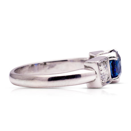 Art Deco three stone sapphire and diamond ring, side view.