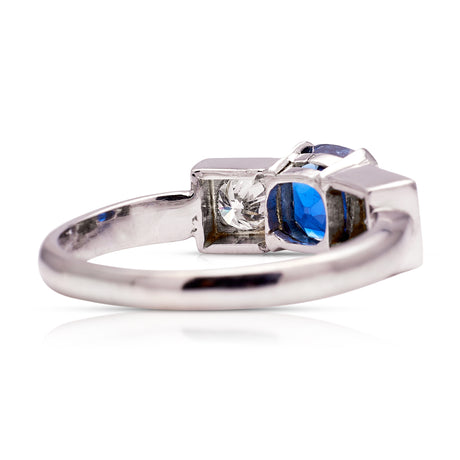 Art Deco three stone sapphire and diamond ring, rear view.