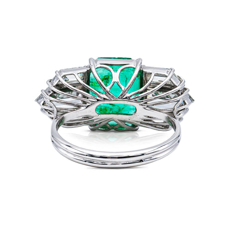 Vintage emerald and diamond engagement ring, rear view. 