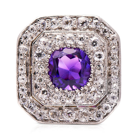 Art-Deco-Amethyst-Platinum-Diamond-Cocktail-Ring-Vintage-Antique