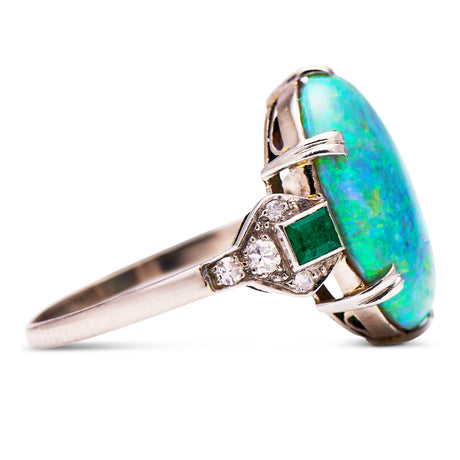 Spectacular Art Deco, 1920s, Opal, Emerald and Diamond Ring