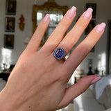 Early Victorian sapphire and diamond engagement ring, worn on hand.