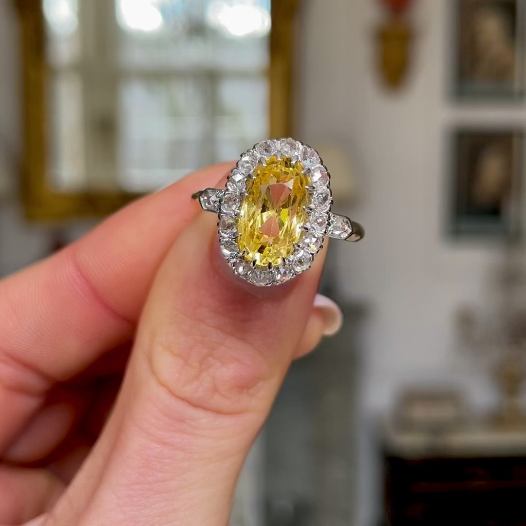 Three Stones Engagement Ring, Canary Yellow Cushion Trapezoid Cut Ring