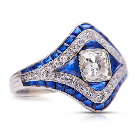 Vintage, Art Deco Sapphire and Diamond Ring, Platinum side view