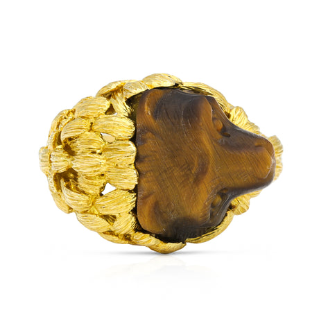 Unusual tiger's eye honey bear and yellow gold ring, top view.