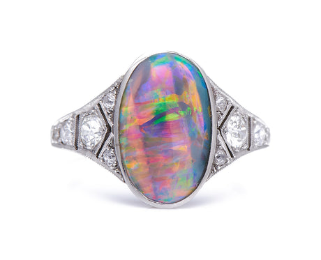 Art-Deco-Black-Opal-Diamond-Ring-Rare-Antique-Jewellery-Cluster-Cocktail