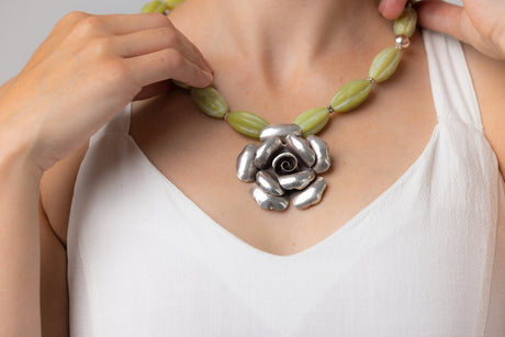 Onyx-art-Deco-Green-Flower-Statement-Large-Necklace-Solid-Silver