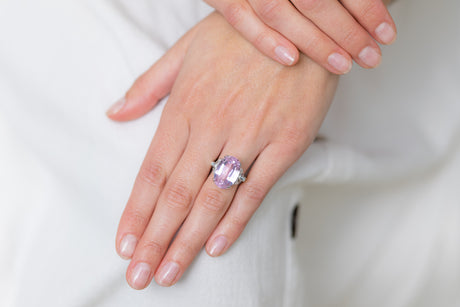 Art Deco, Platinum, Kunzite and Diamond Cocktail Ring  |Antique Ring Boutique | Sustainable Antique Rings | Rare Antique Rings | Bespoke Untreated Vintage Antique Rings | An Antique Jewellery Company 