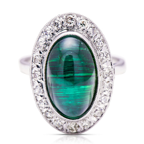 Tourmaline-Cabochon-White-Gold-18-Carat-French-Diamond-Antique-Ring