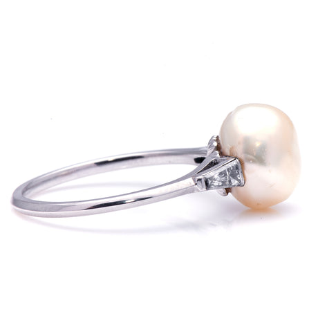 Art Deco, Platinum, Natural Saltwater Pearl and Diamond Ring