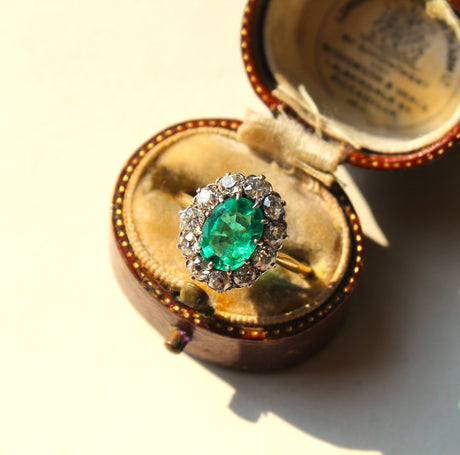 Emerald_Diamond_Cluster_Engagement_Rings_Ring_Vintage_Old