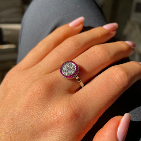 Art Deco ruby and diamond ring, worn on hand. 