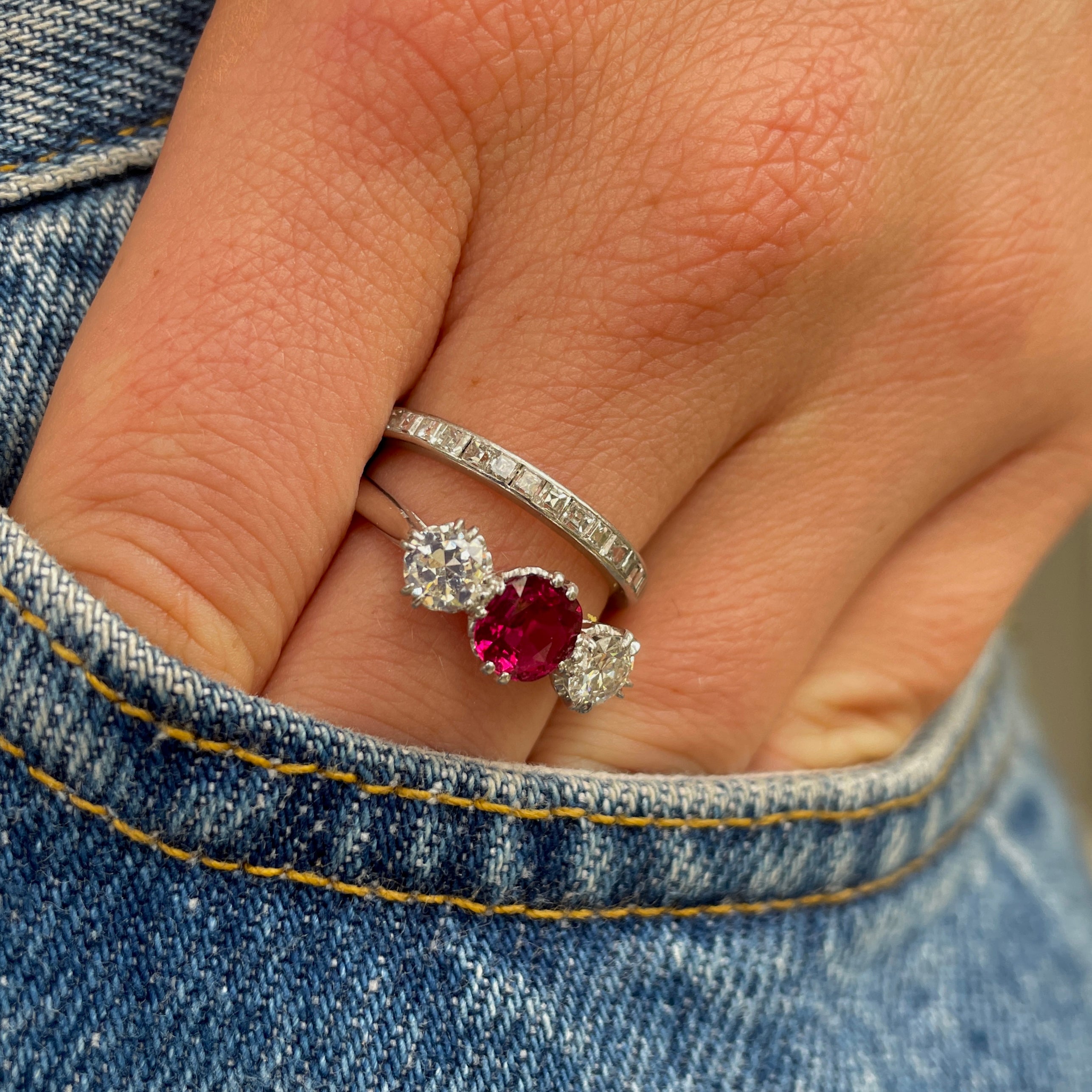 Three stone ruby on sale ring