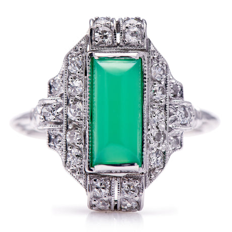 Chrysoprase-Diamond-Ring-Art-Deco-14-Carat-White-Gold-Vintage-Antique