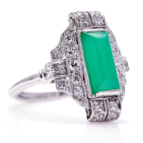 Untreated Antique Art Deco, 14ct White Gold, Chrysoprase and Diamond Engagement Ring